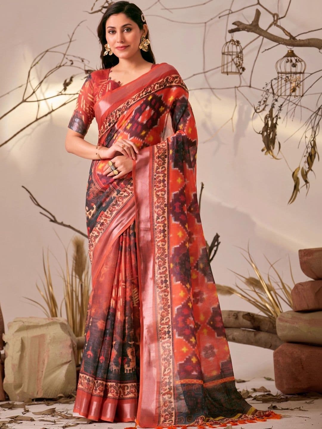 LeeliPeeri Designer Ethnic Motifs Linen Blend Designer Patola Saree - view 1