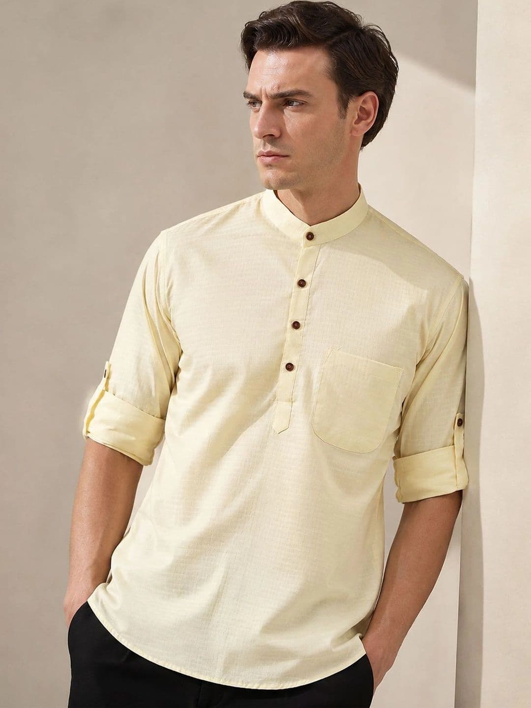 Hancock Self Design Band Collar Roll Up Sleeves Pure Cotton Short Kurta - view 1