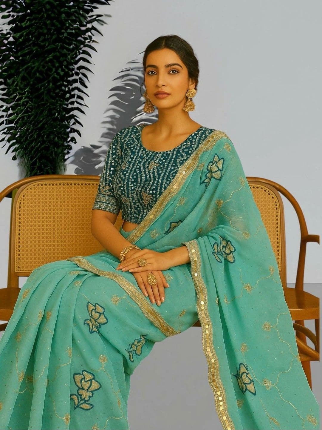 tathastufab Floral Embroidered Poly Georgette Saree - view 1