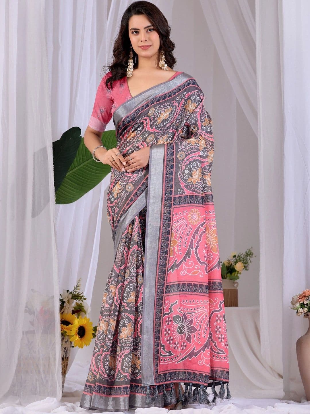 Panzora Floral Zari Linen Blend Designer Saree - view 1