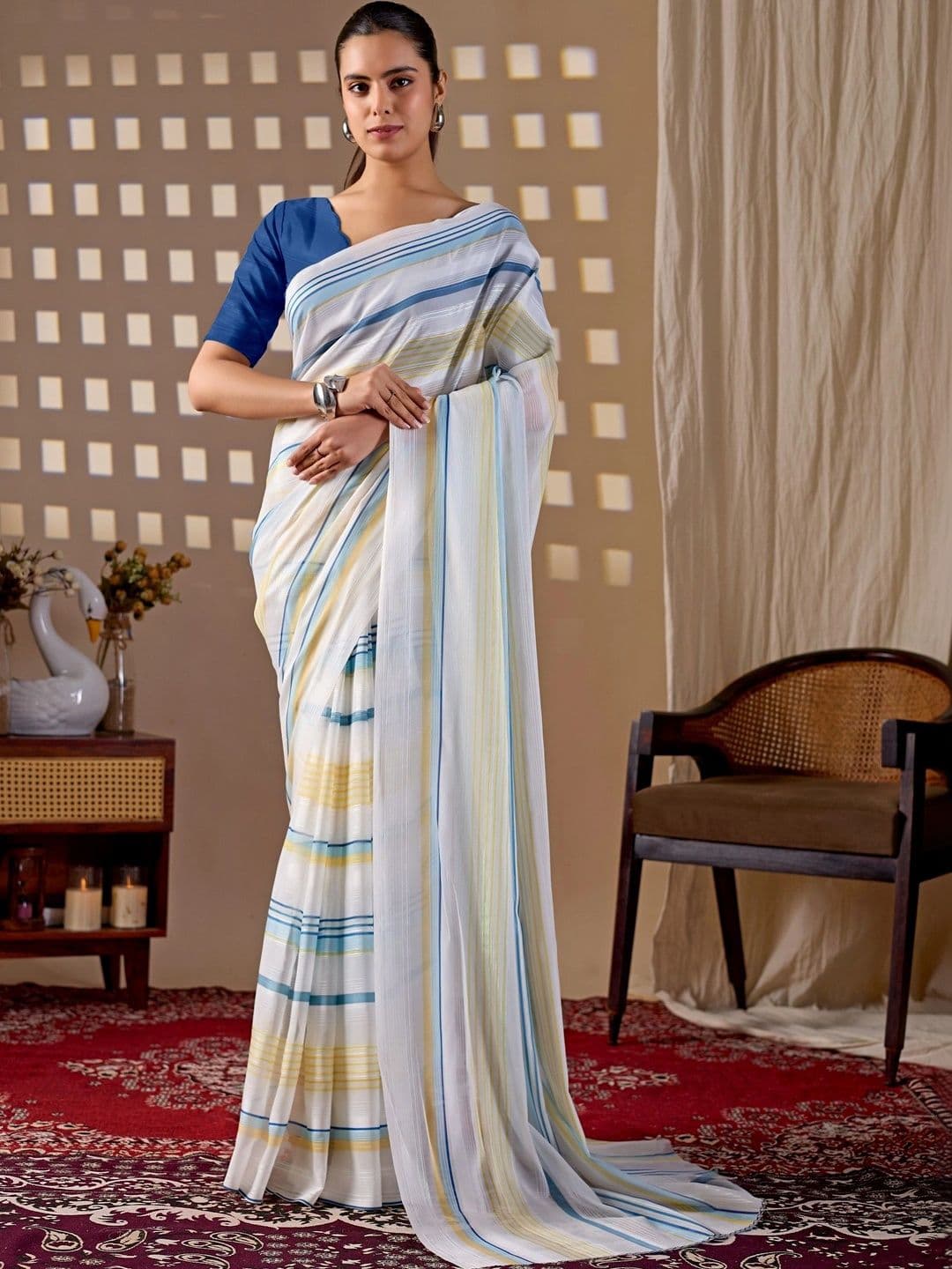 Panzora Striped Poly Georgette Designer Saree - view 1