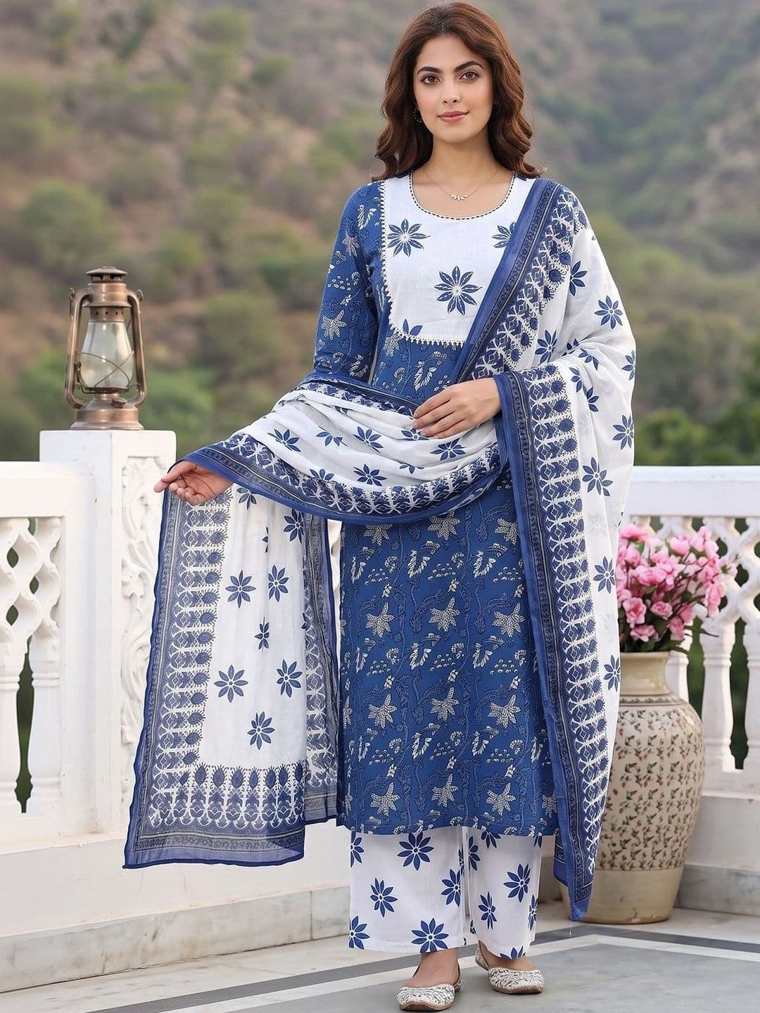 KALINI Women Floral Printed Regular Pure Cotton Kurta with Palazzos & With Dupatta - view 1