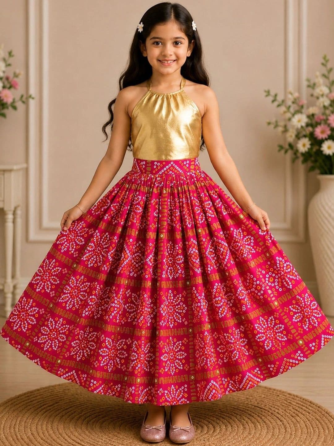 KALINI Girl Cotton Halter Neck Ethnic Silk Lehenga Set - view 1