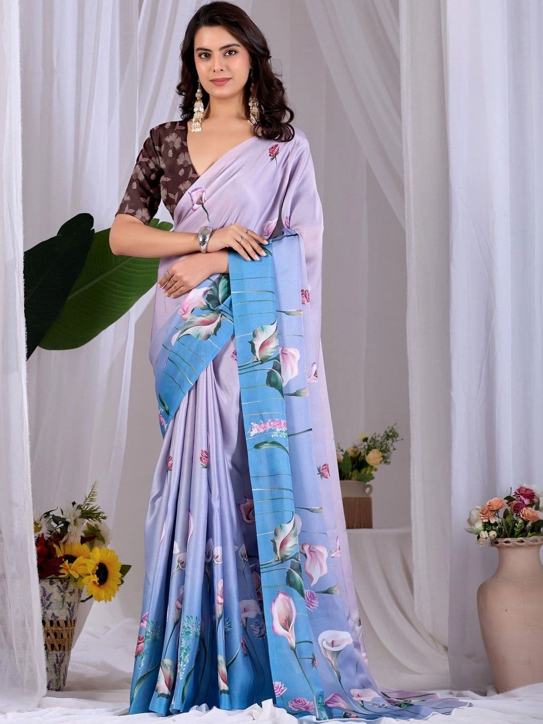 Panzora Floral Satin Designer Saree - view 1