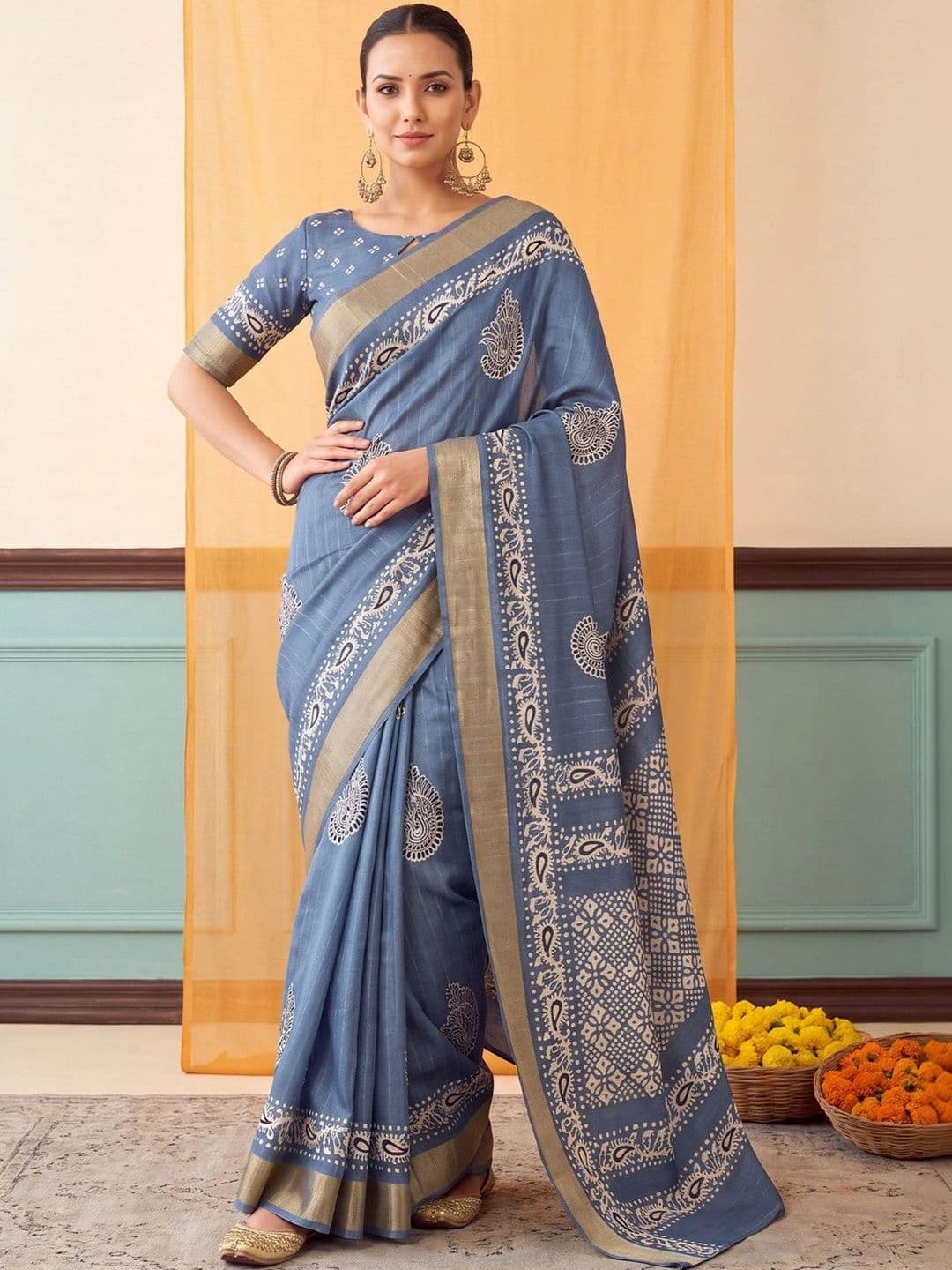Anouk Batik Zari Silk Blend Designer Block Print Saree - view 1