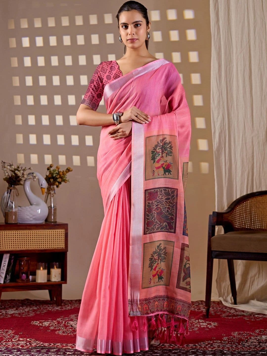 all about you Ethnic Motifs Zari Linen Blend Designer Saree - view 1