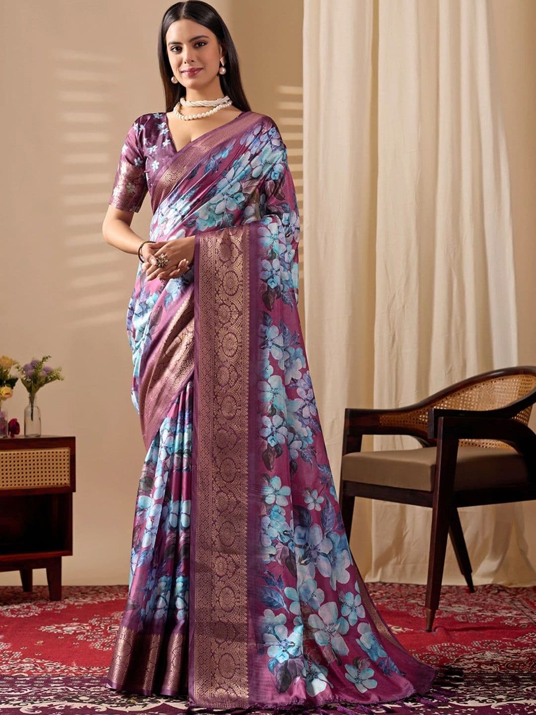 all about you Floral Zari Silk Blend Designer Saree - view 1