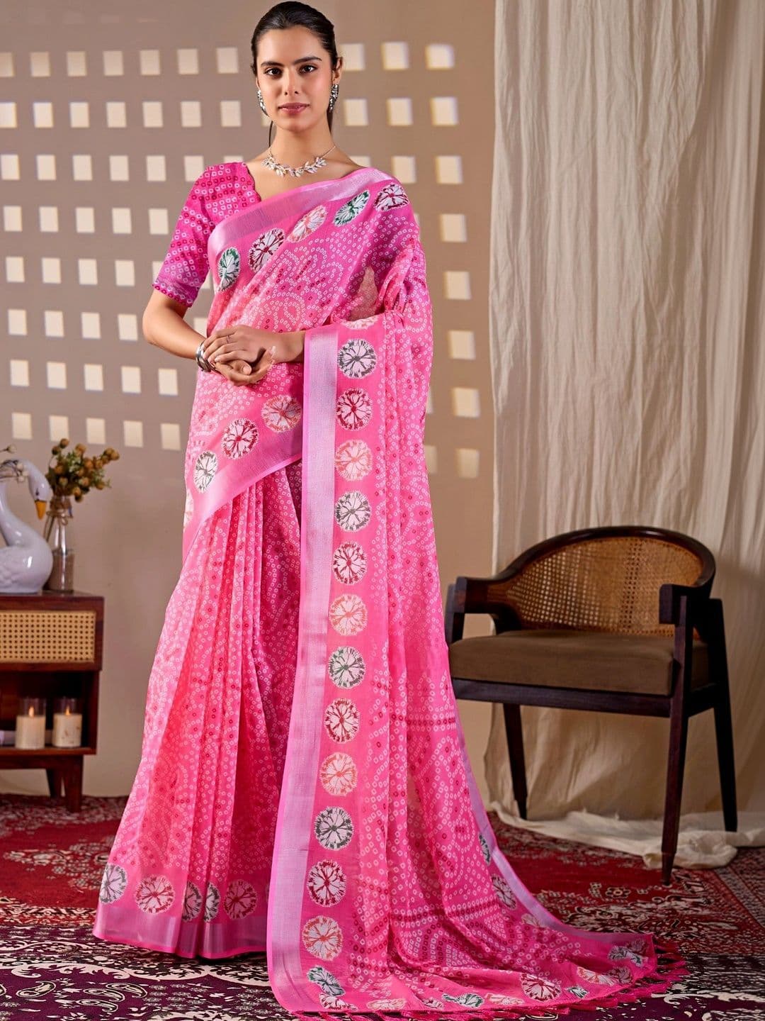 LeeliPeeri Designer Bandhani Zari Linen Blend Designer Saree - view 1