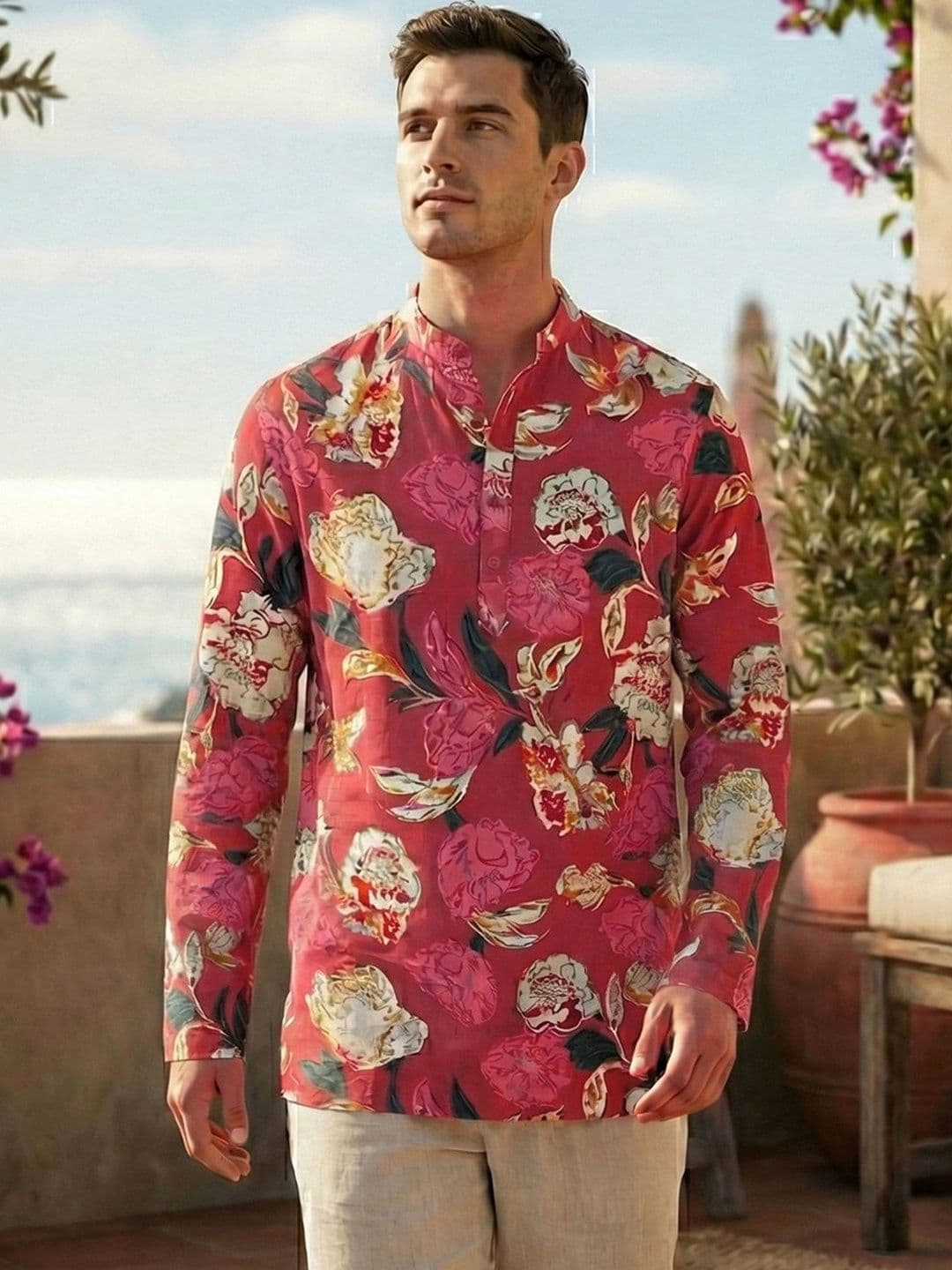 House of Pataudi Men Floral Printed Straight Kurta - view 1