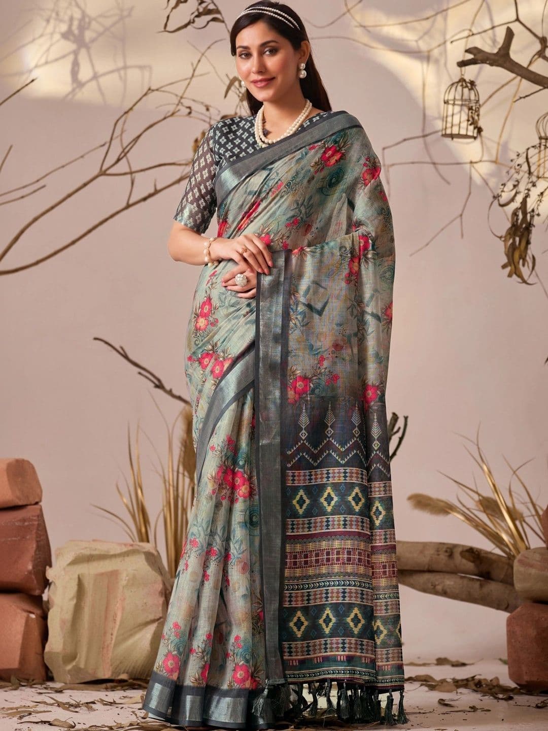 all about you Floral Zari Linen Blend Designer Patola Saree - view 1