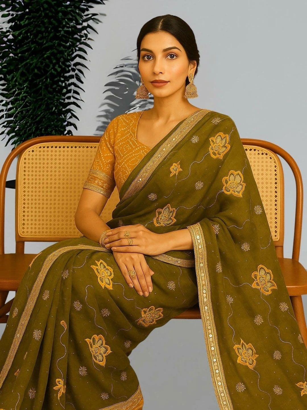 tathastufab Floral Mirror Work Poly Georgette Saree - view 1