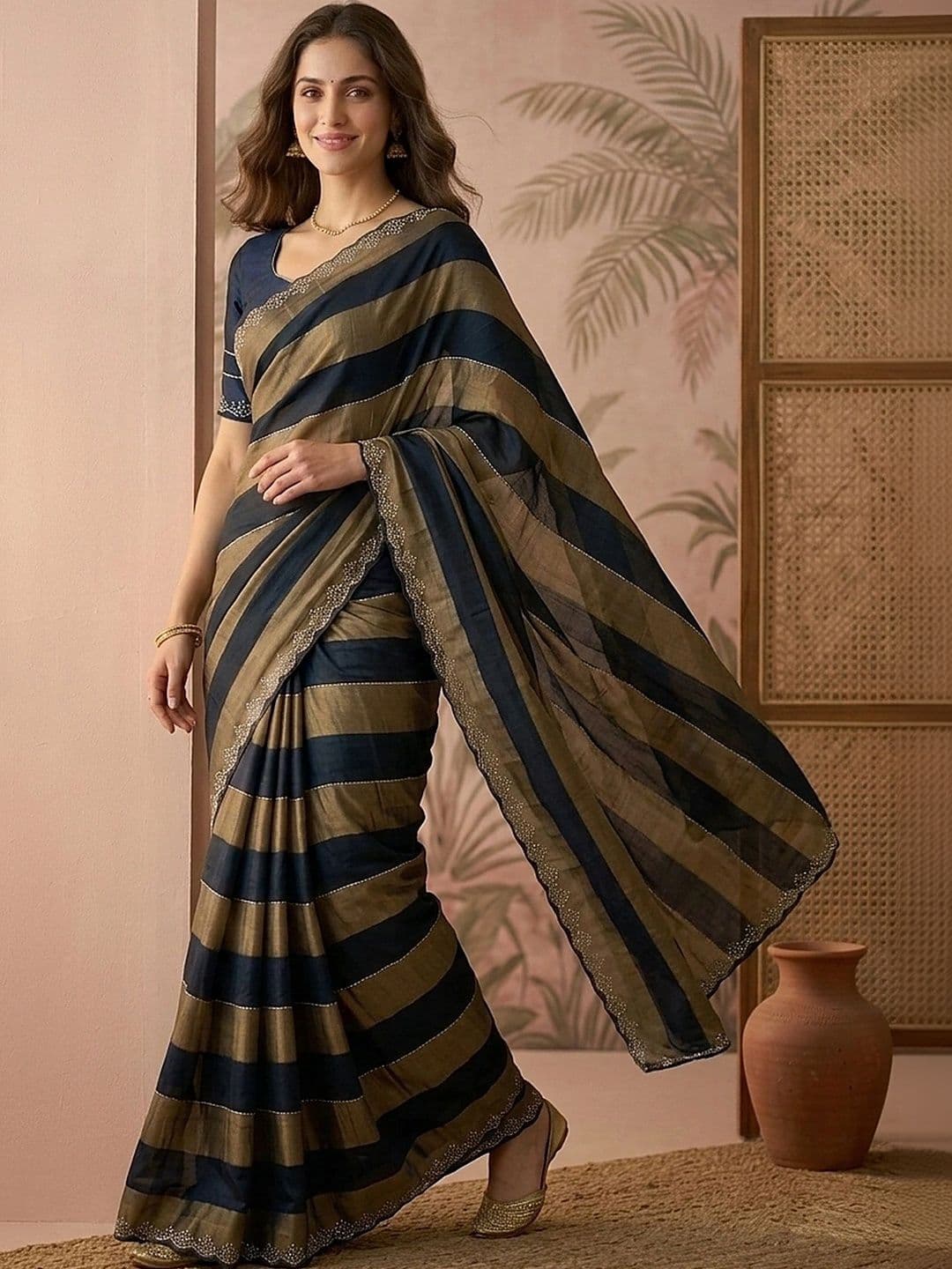 Sangria Striped Embroidered Silk Blend Fusion Saree - view 1