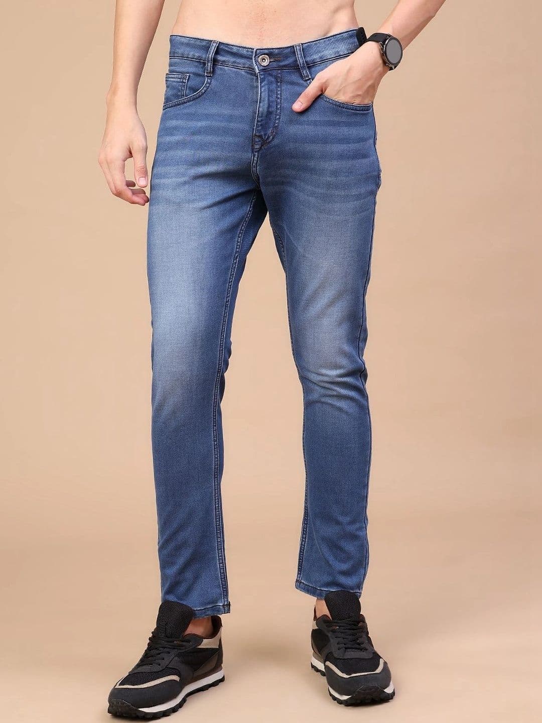 V-Mart Men Solid Cotton Knitted Regular Fit Mid-Rise Jeans - view 1