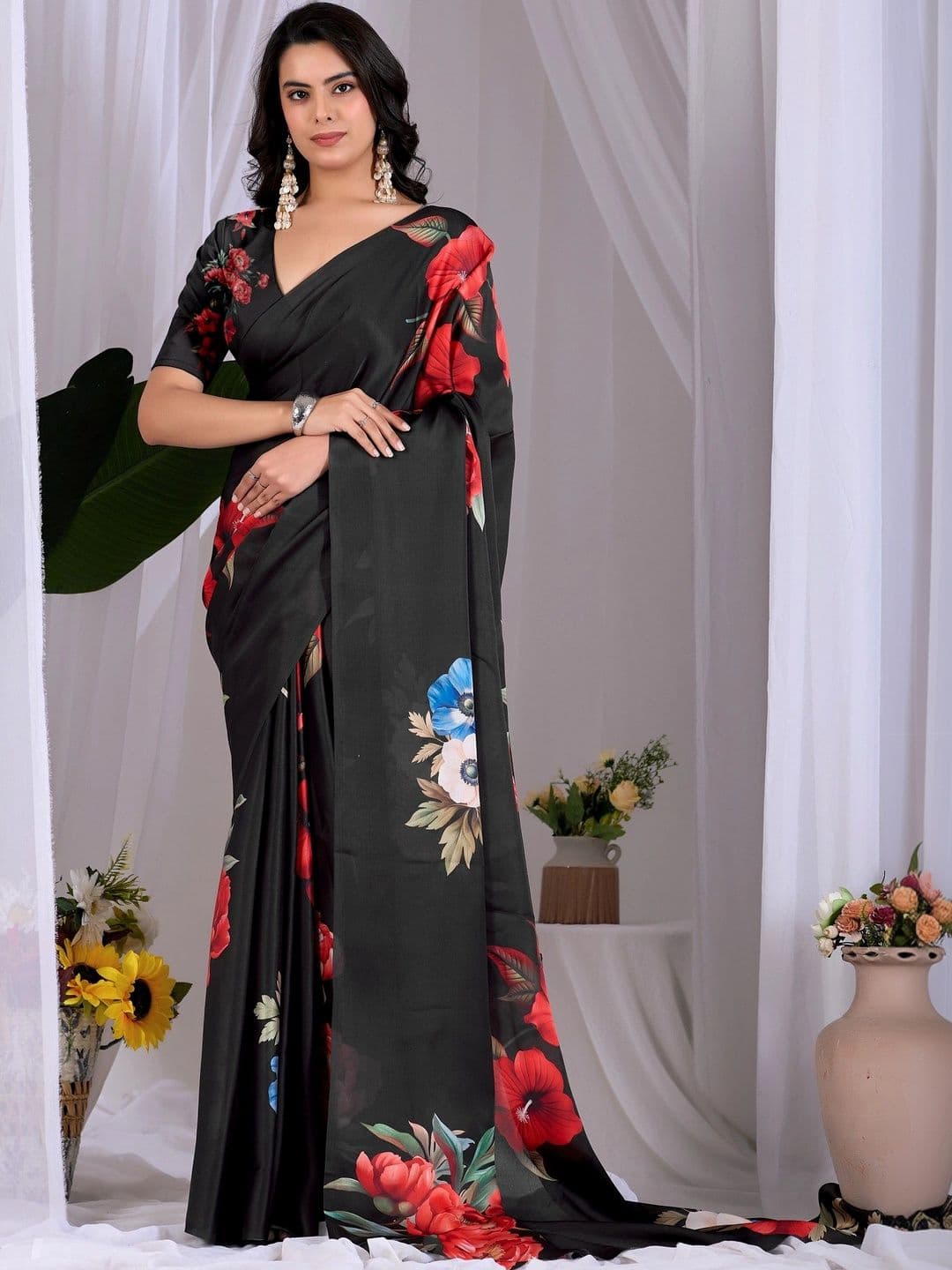 LeeliPeeri Designer Floral Satin Designer Saree - view 1