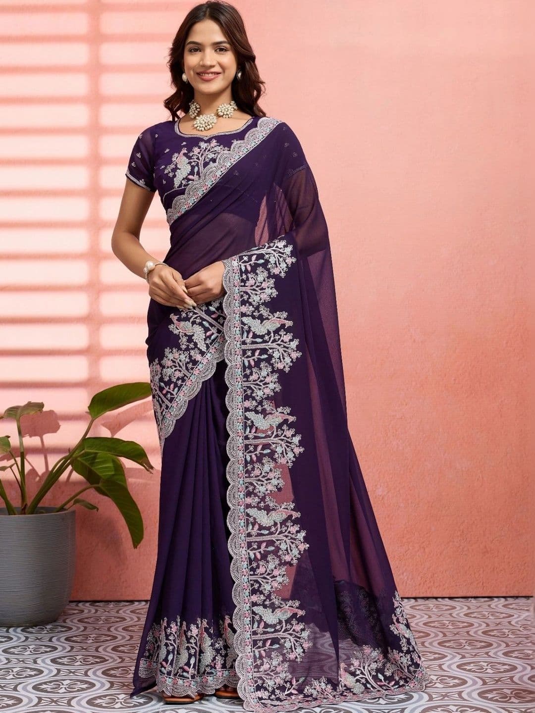 Leelavati Floral Embroidered Pure Chiffon Saree - view 1