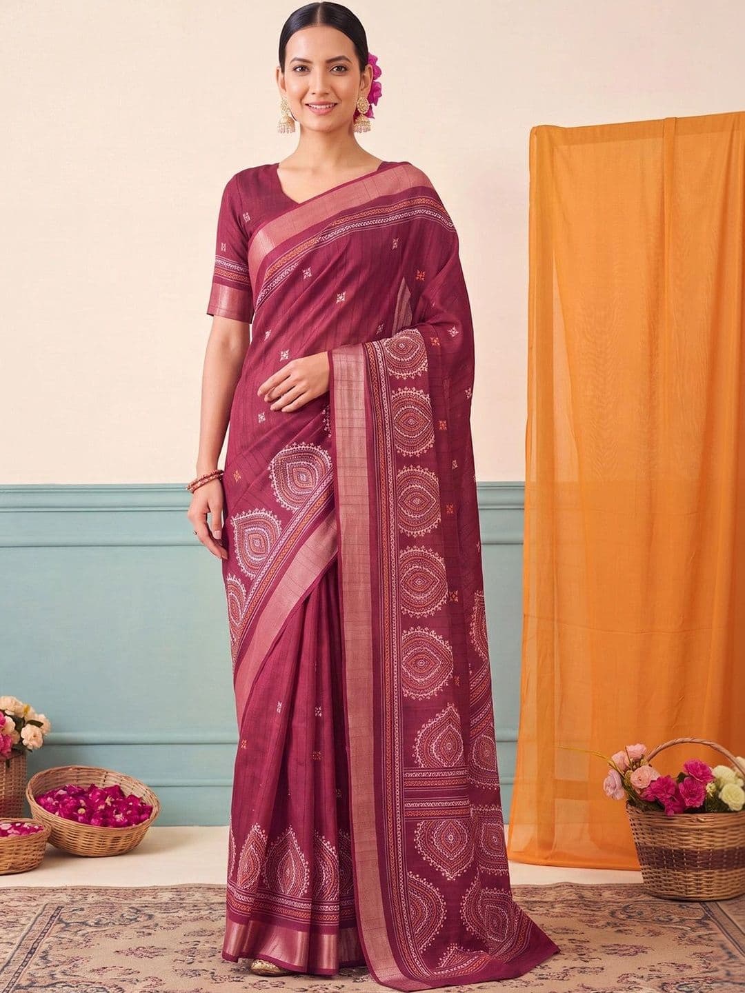 Anouk Ethnic Motifs Zari Silk Blend Designer Block Print Saree - view 1