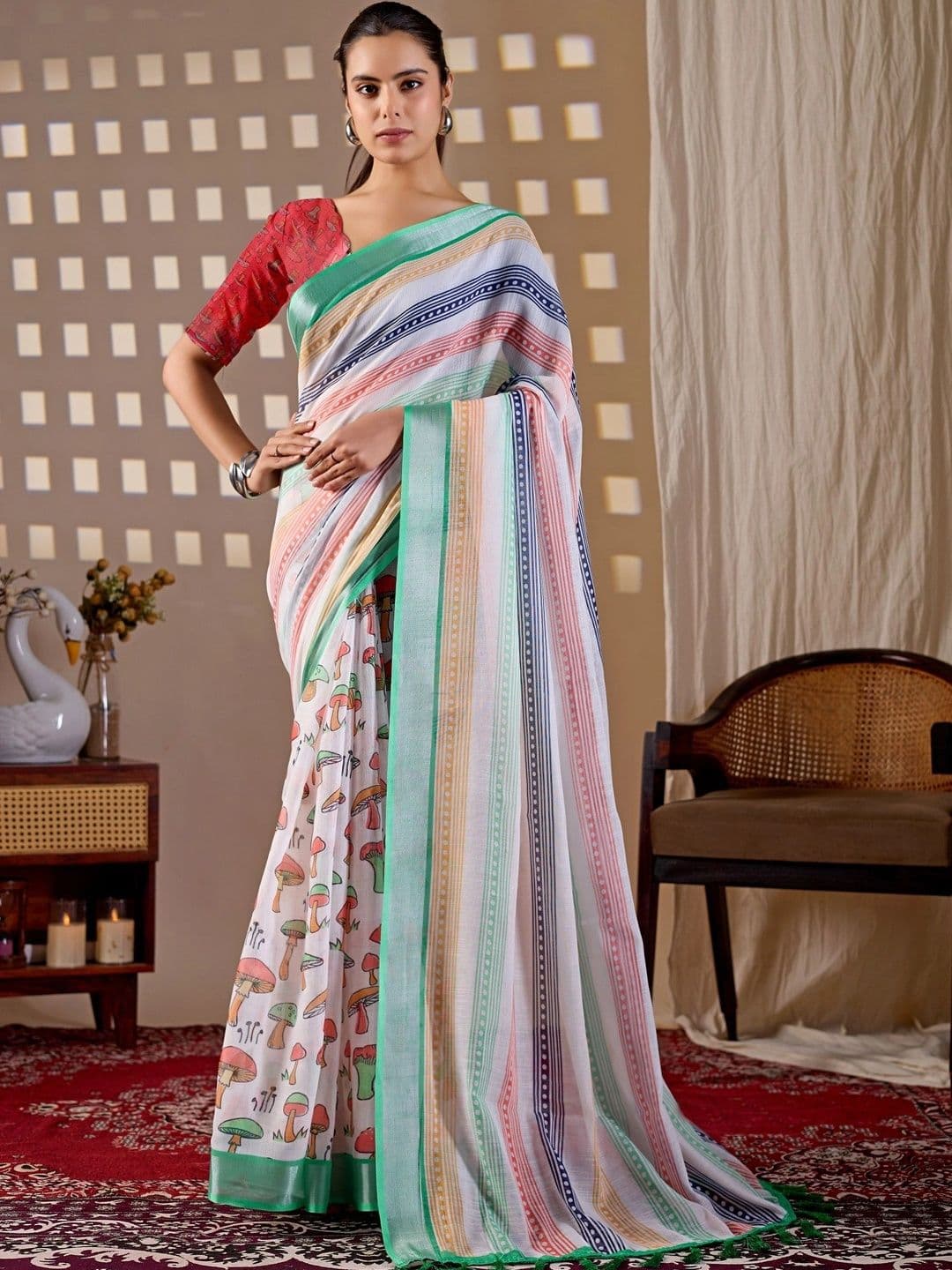 LeeliPeeri Designer LeeliPeeri Women Geometric Printed Zari Linen Blend Designer Saree - view 1