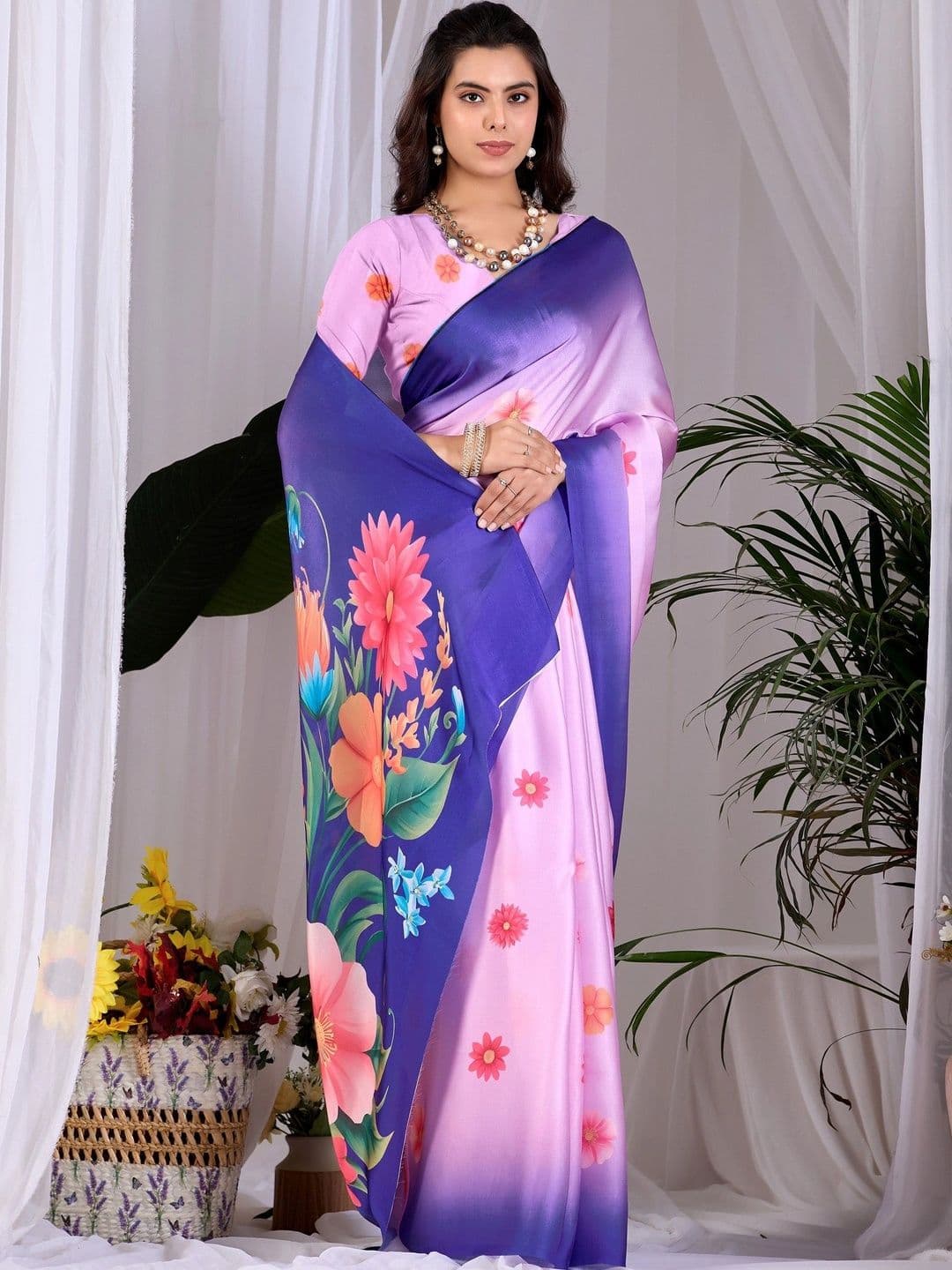 Panzora Floral Satin Designer Saree - view 1