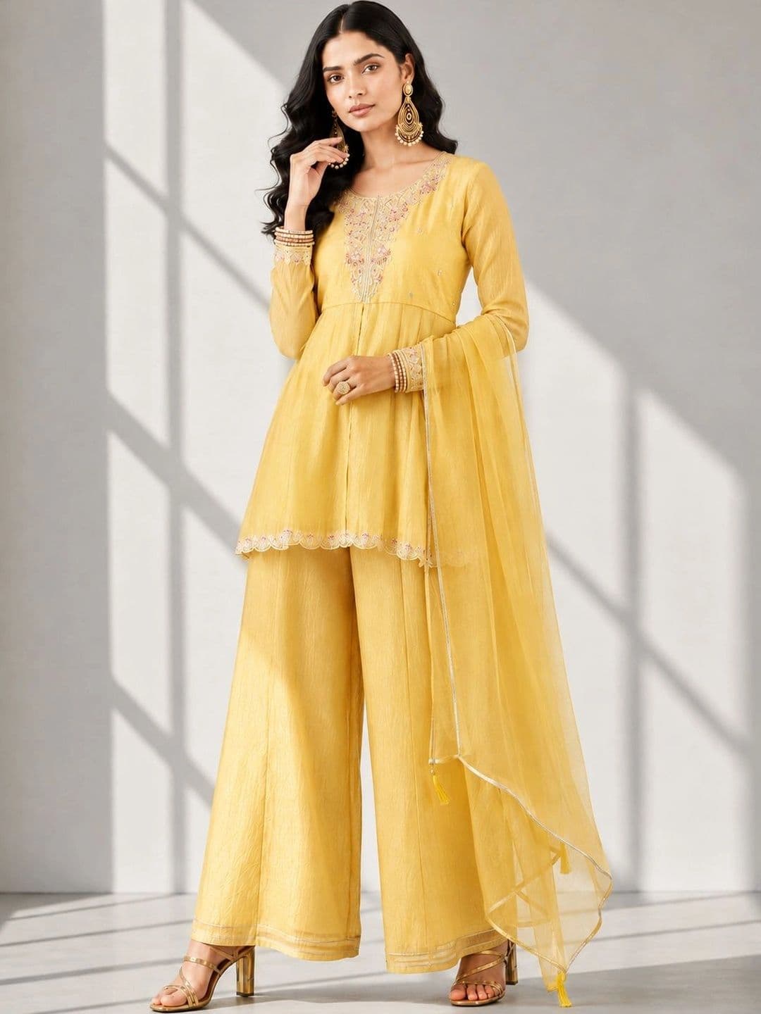 MOKOSH Women Ethnic Motifs Embroidered Empire Sequinned Pure Silk Kurta with Palazzos & With Dupatta - view 1
