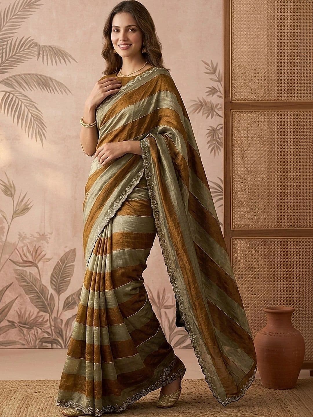 Sangria Striped Beads and Stones Silk Blend Fusion Saree - view 1