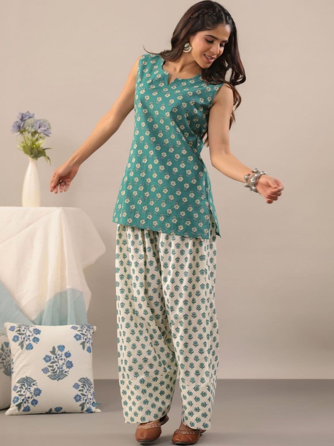 Rimeline Women Floral Printed Regular Pure Cotton Kurti with Farshi Salwar & Dupatta - view 1