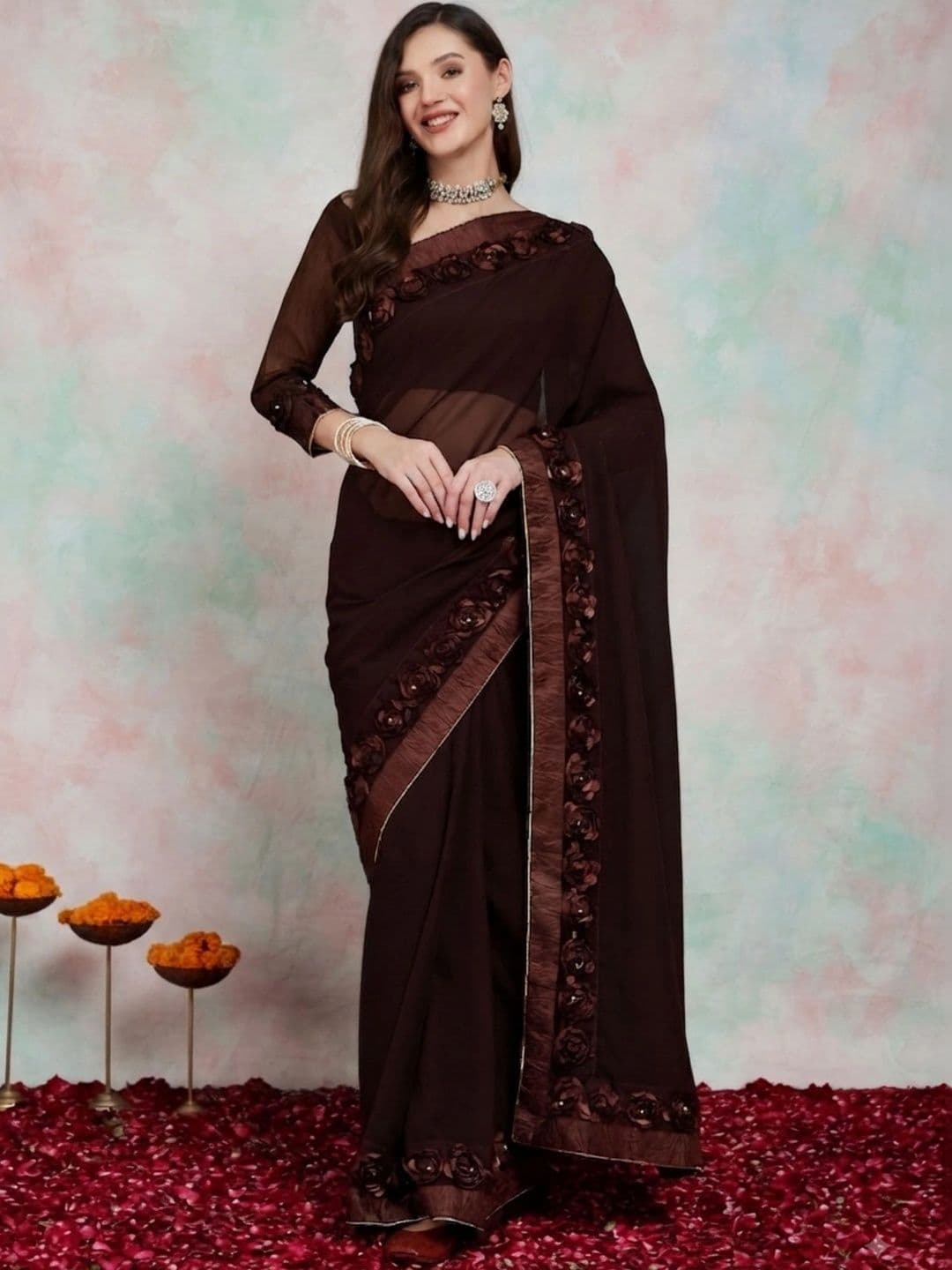 DIVASTRI Floral Beads and Stones Pure Georgette Saree - view 1