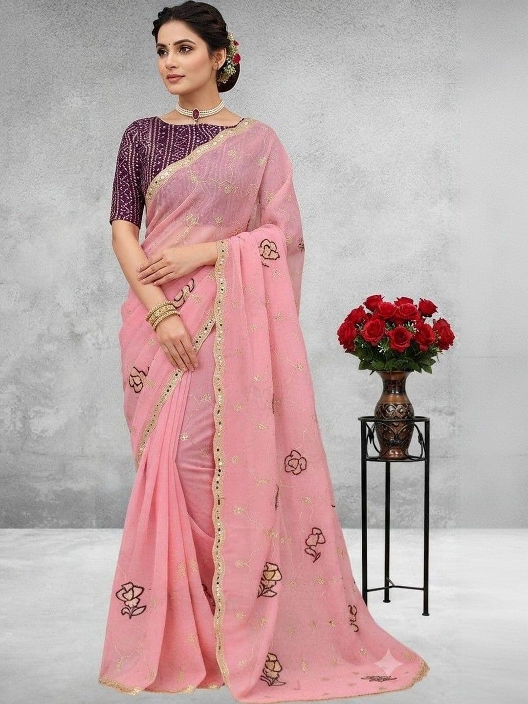 tathastufab Floral Embroidered Poly Georgette Saree - view 1