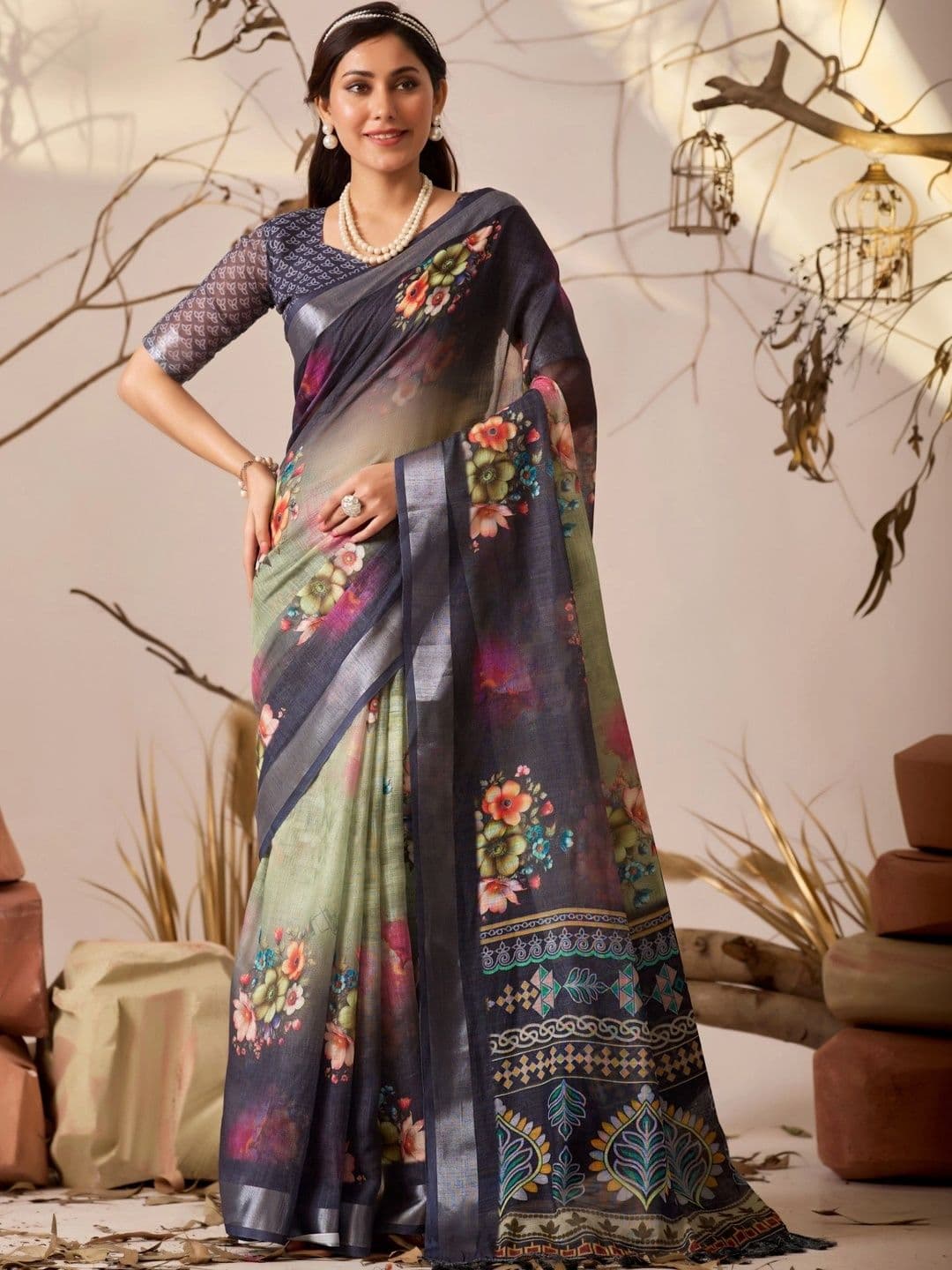 all about you Floral Zari Linen Blend Designer Patola Saree - view 1
