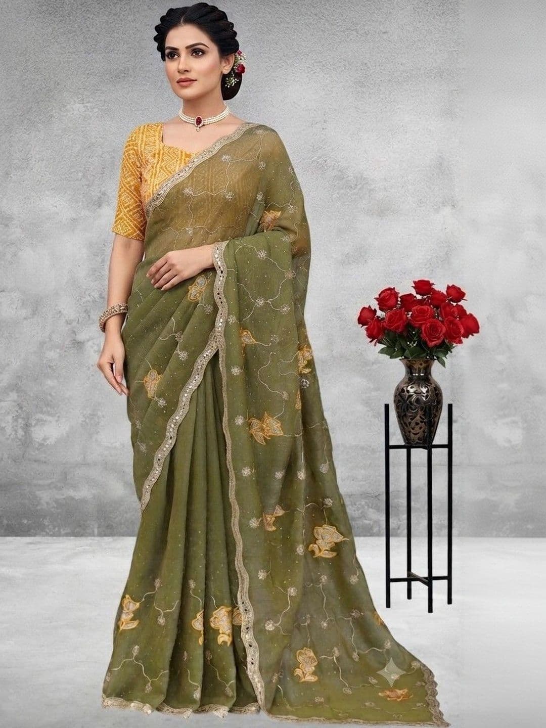 tathastufab Floral Embroidered Poly Georgette Saree - view 1