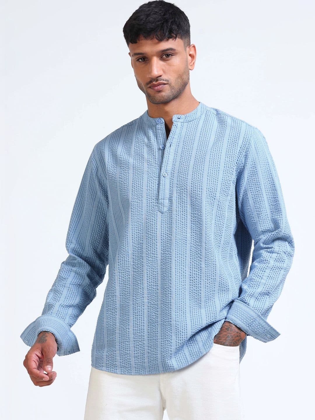 StitchX Men Seersucker Band Collar Pure Cotton Striped Kurta Shirt - view 1