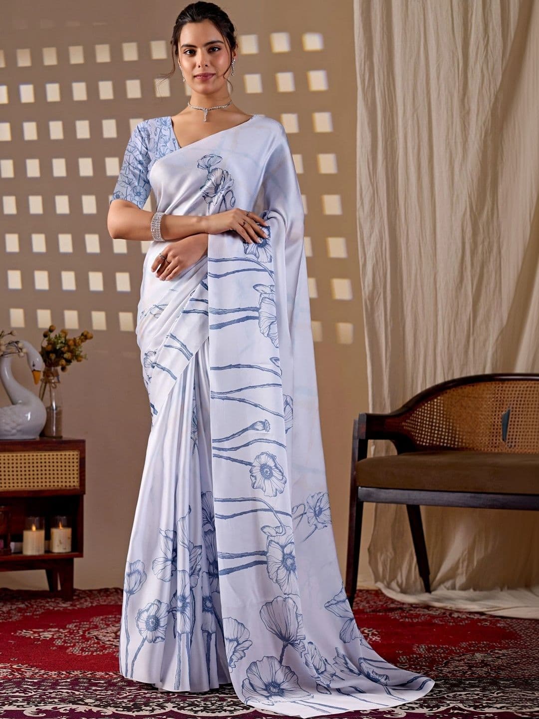 DIVASTRI Floral Satin Designer Saree - view 1