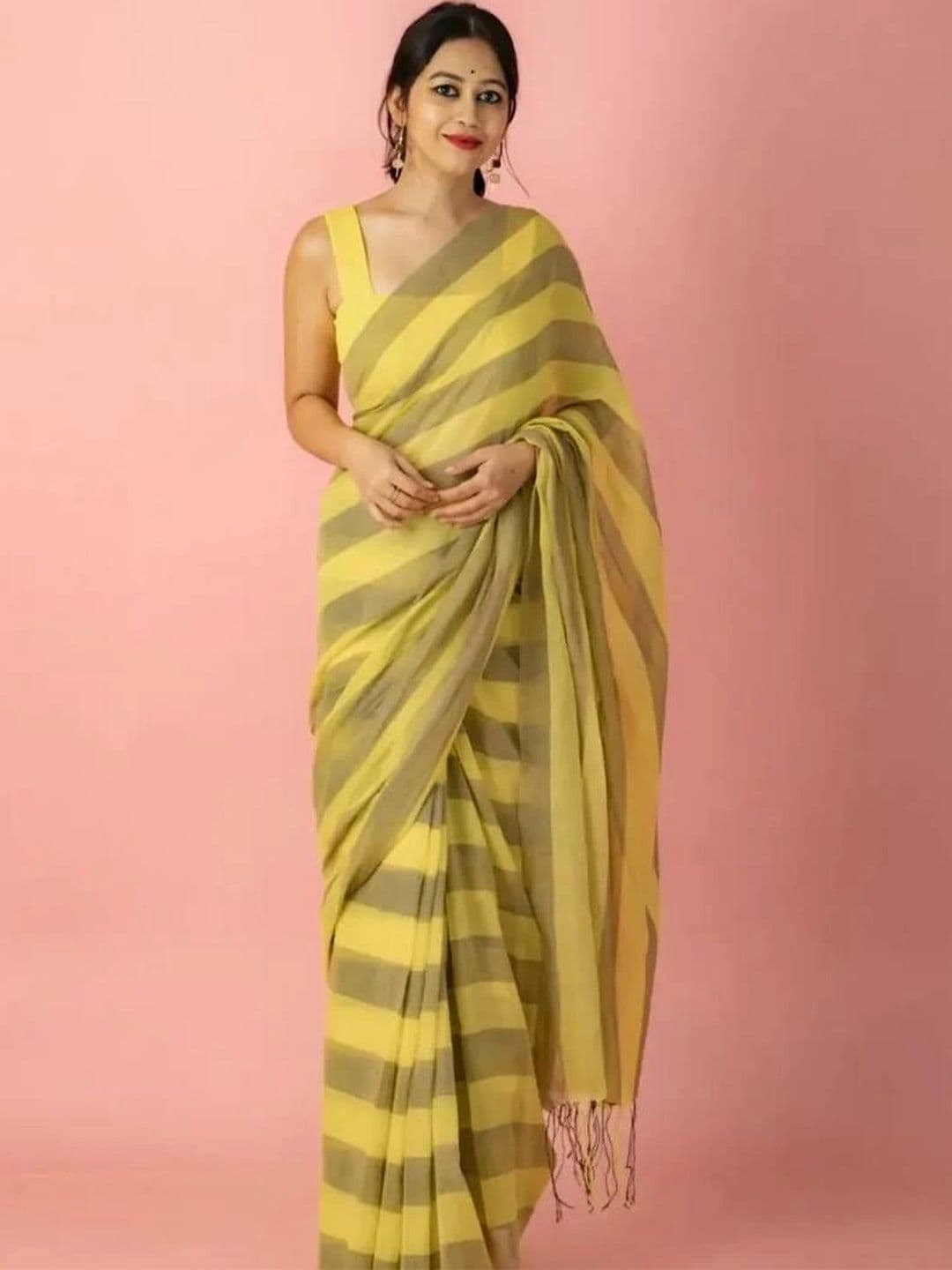 saneria silk Striped Linen Blend Taant Saree - view 1