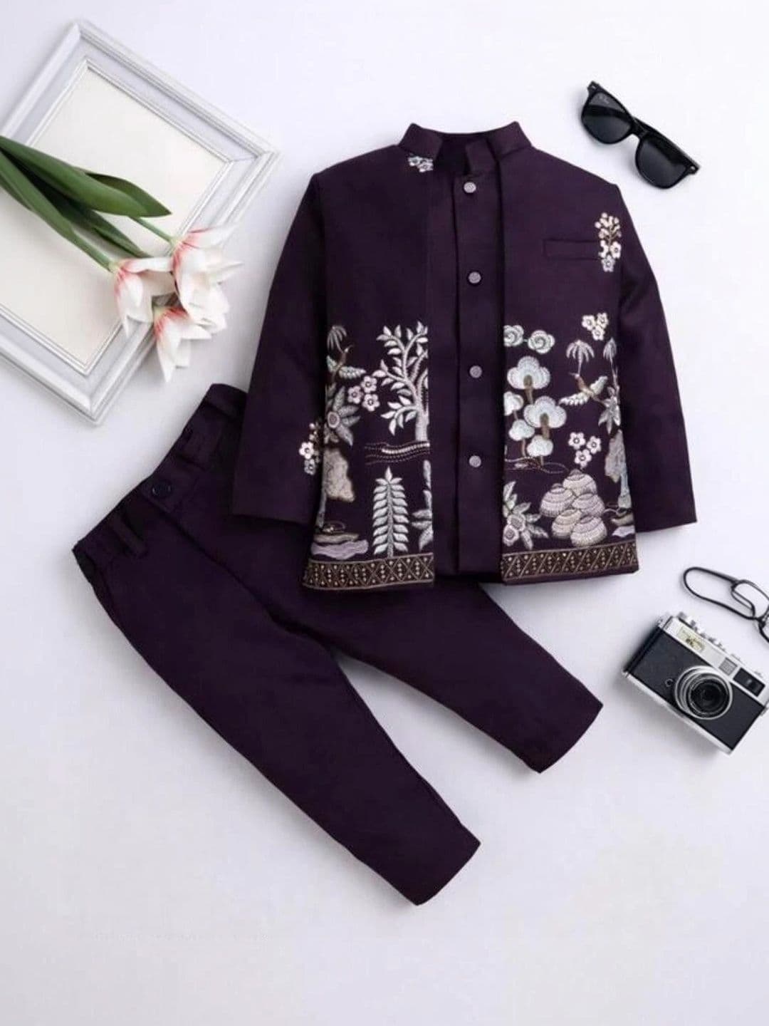 Elite Trend Traders Boys Embroidered Satin Mandarin Collar Neck Sherwani Set - view 1