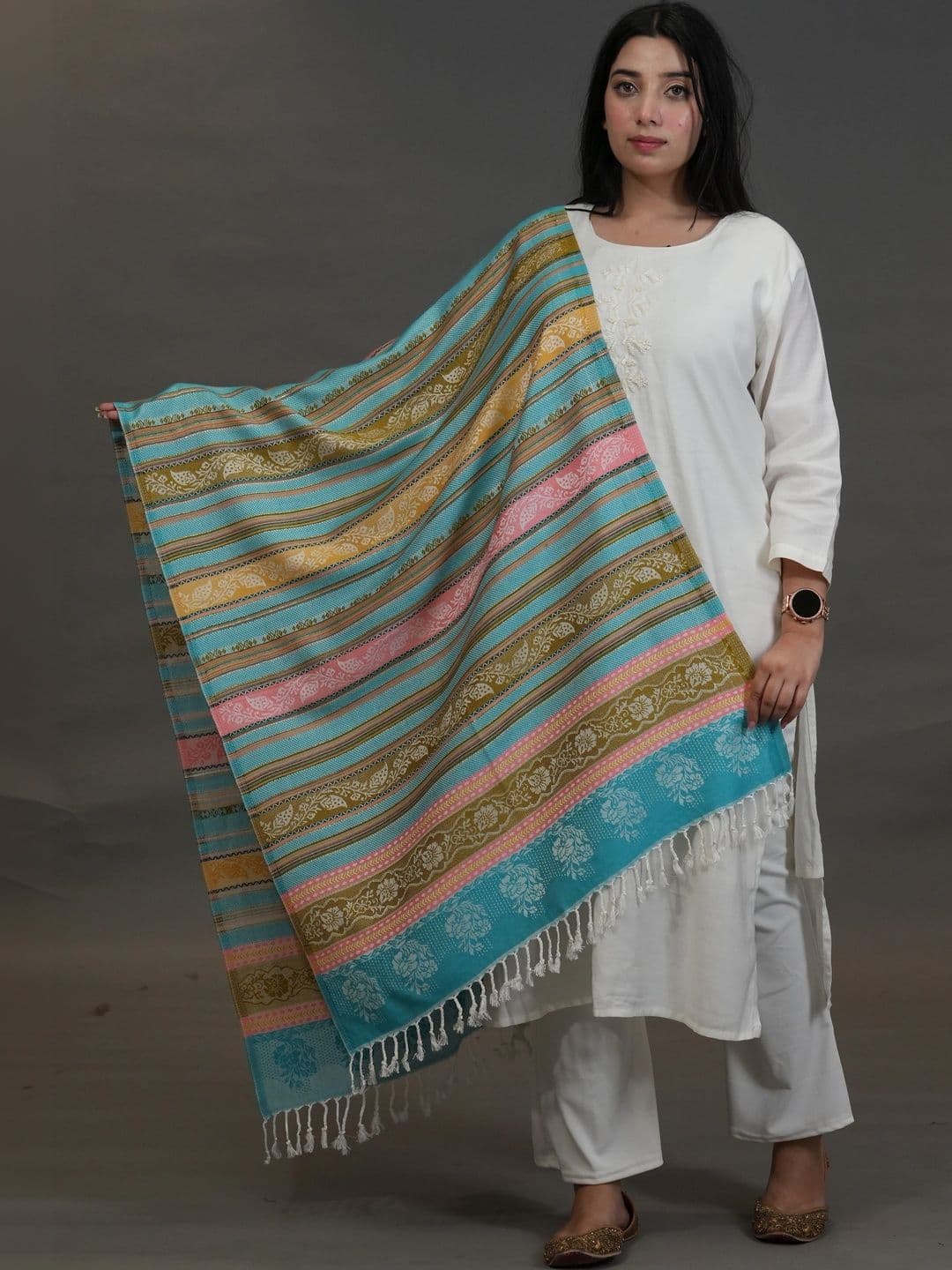 S.T. Women Striped Woven Design Acrylic Shawl - view 1