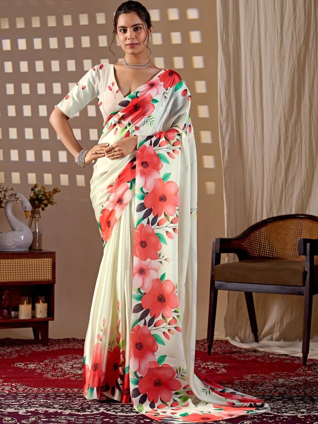 DIVASTRI Floral Satin Designer Saree - view 1