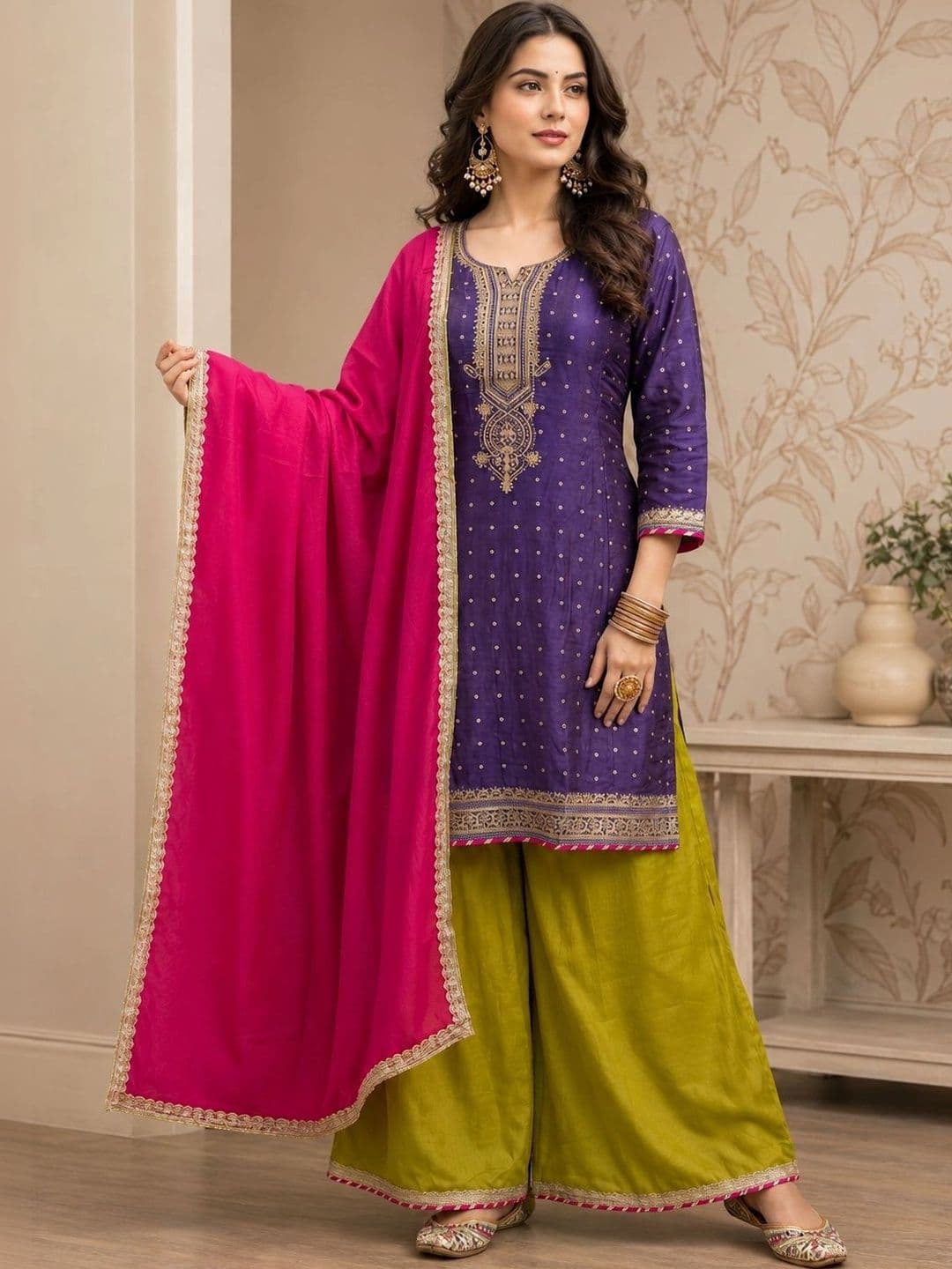 Sangria Women Ethnic Motifs Embroidered Regular Dupion Silk Kurta with Sharara & With Dupatta - view 1