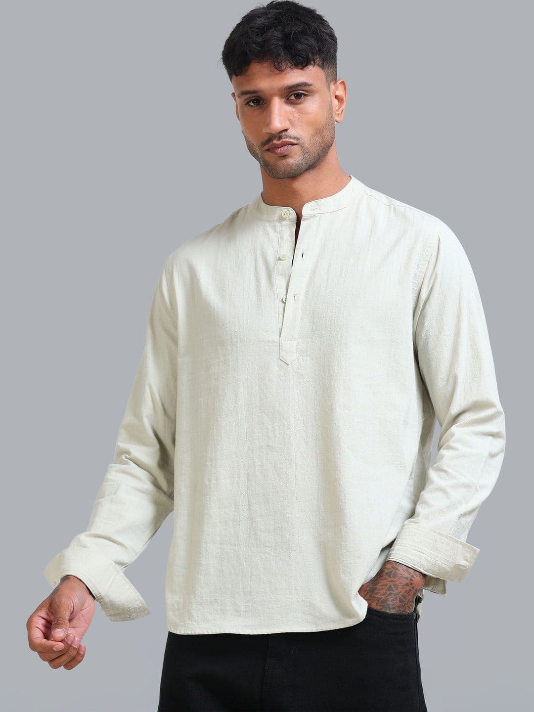 StitchX Men's Seersucker Band Collar Pure Cotton Striped Kurta Shirt - view 1