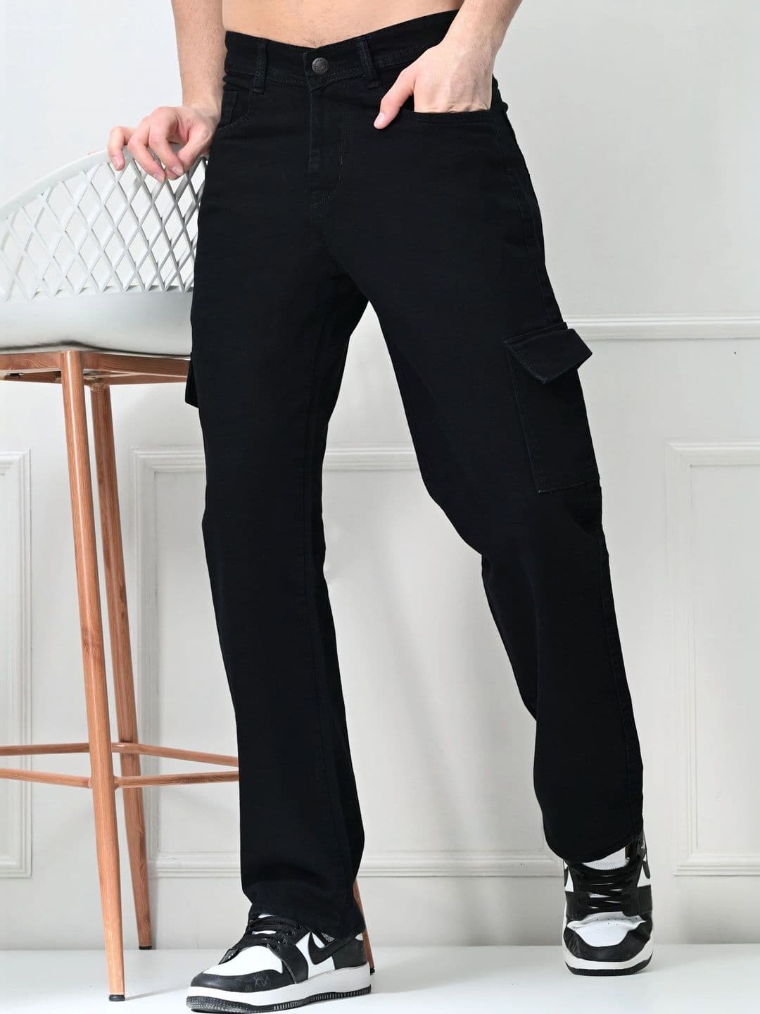 HERE&NOW Men's Jet Black Mid-Rise Cargo Jeans with Straight Fit - view 1