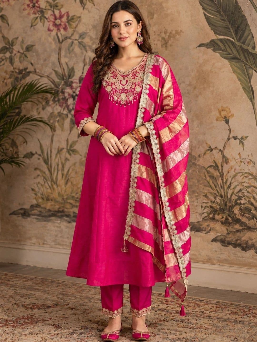 Sangria Women Ethnic Motifs Embroidered Regular Dupion Silk Kurta with Trousers & With Dupatta - view 1