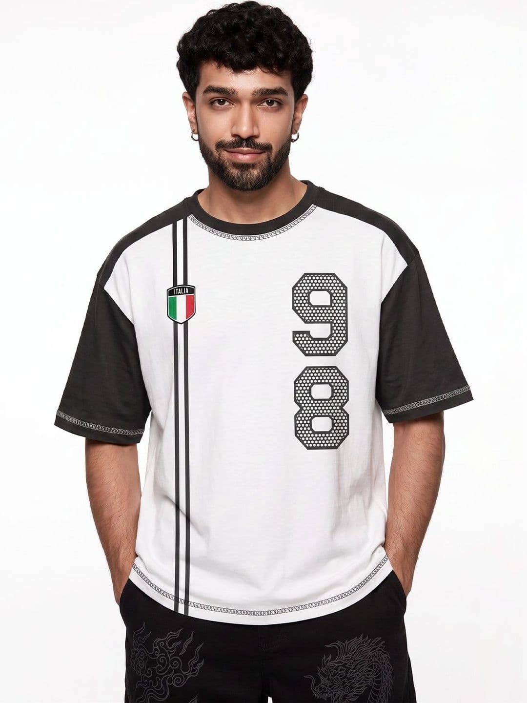 Crazymonk Men Italia Black White Printed Oversized Fit T-shirt - view 1