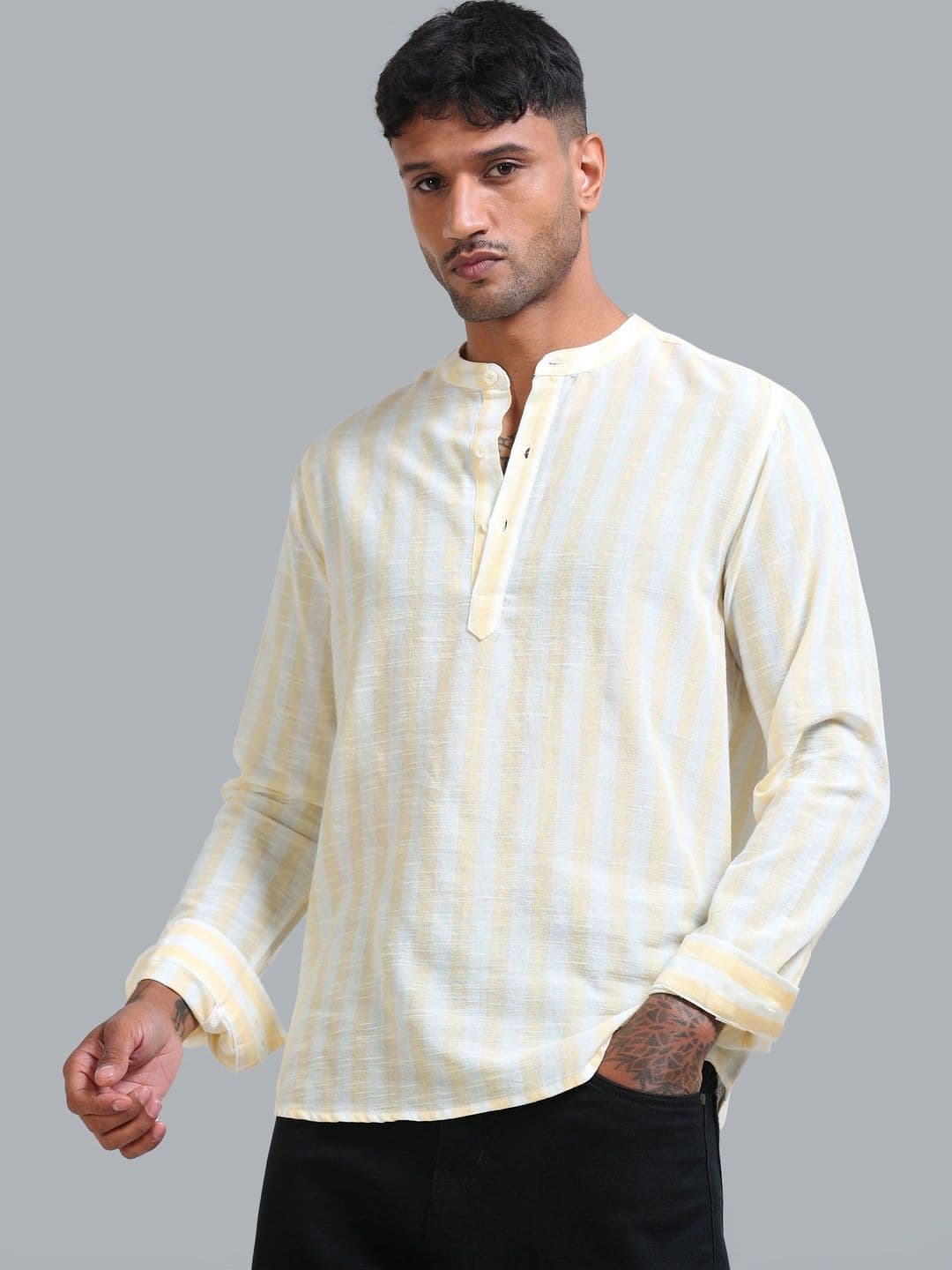 StitchX Men's Pure Cotton Striped Mandarin Collar Kurta Shirt - view 1