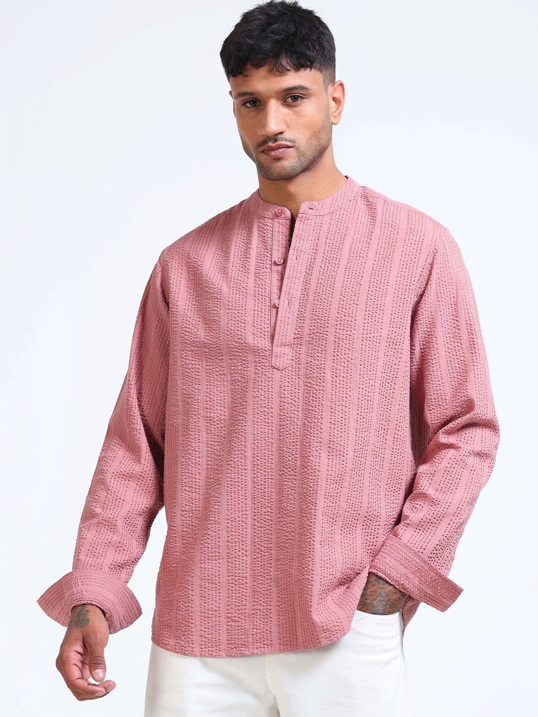 StitchX Men Seersucker Band Collar Pure Cotton Striped Kurta Shirt - view 1