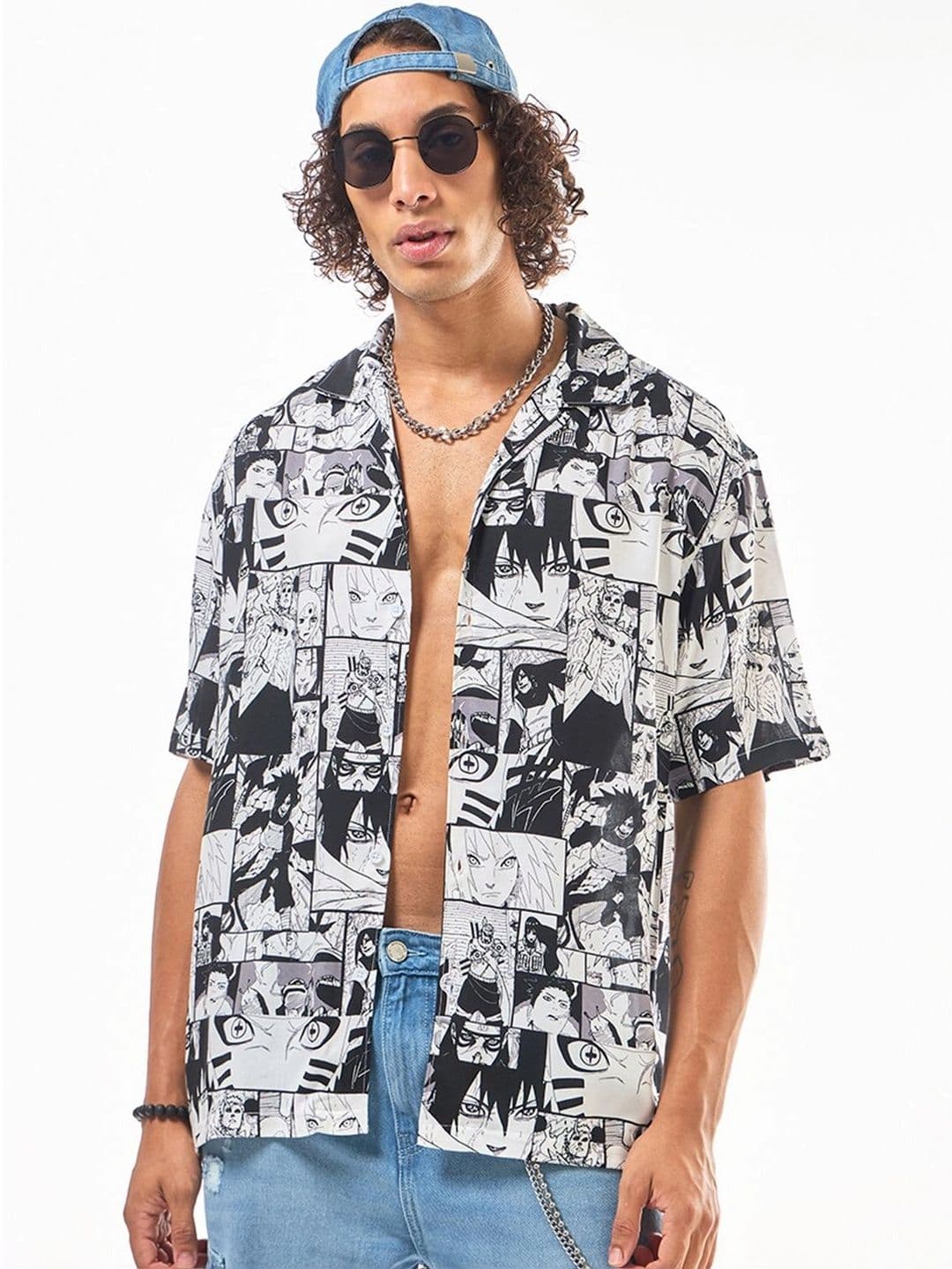 Bewakoof Naruto Men's White & Black All Over Printed Oversized Shirt - view 1