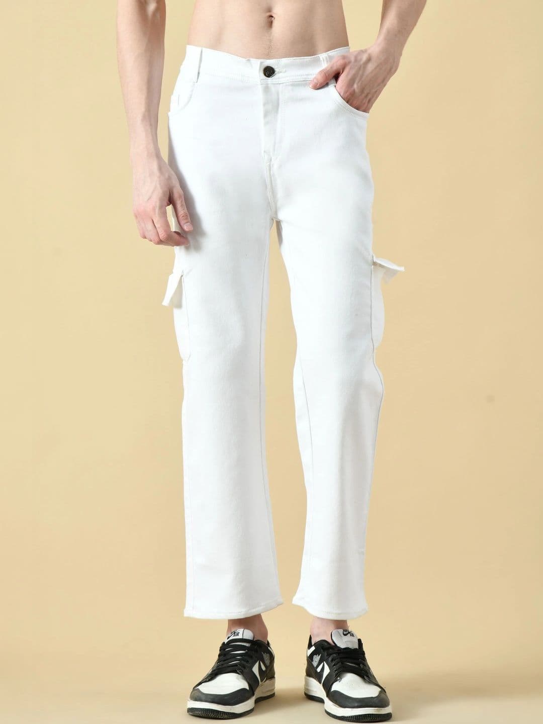 HERE&NOW Men's Mid-Rise White Cargo Straight Fit Jeans with Flap Pockets - view 1