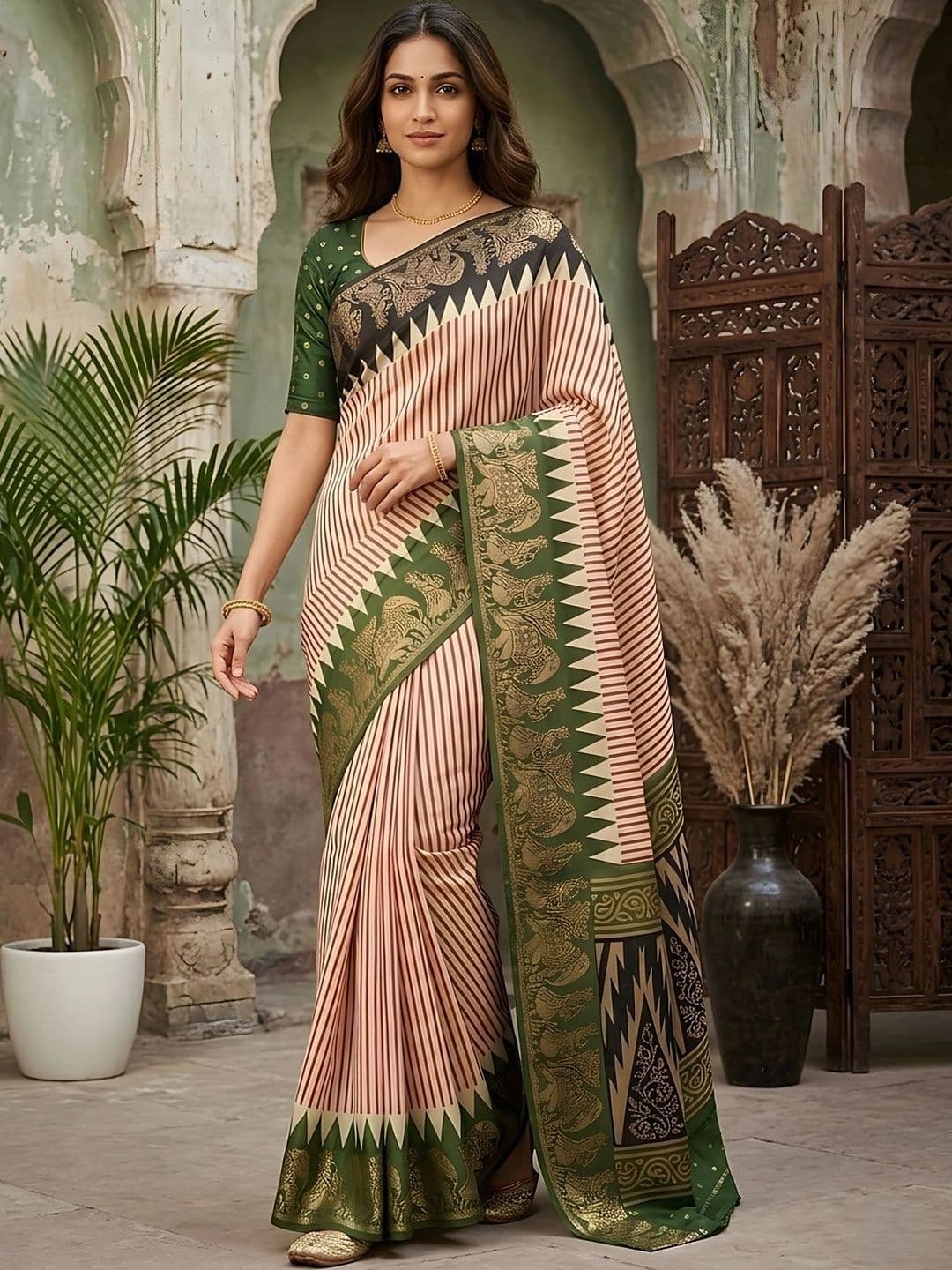 Mitera Striped Zari Silk Blend Designer Saree - view 1