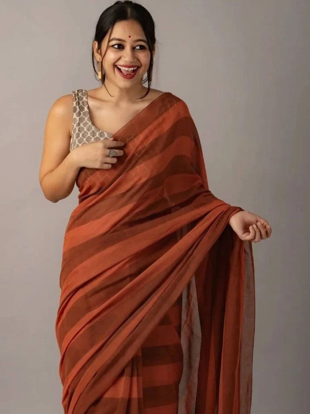saneria silk Striped Linen Blend Taant Saree - view 1