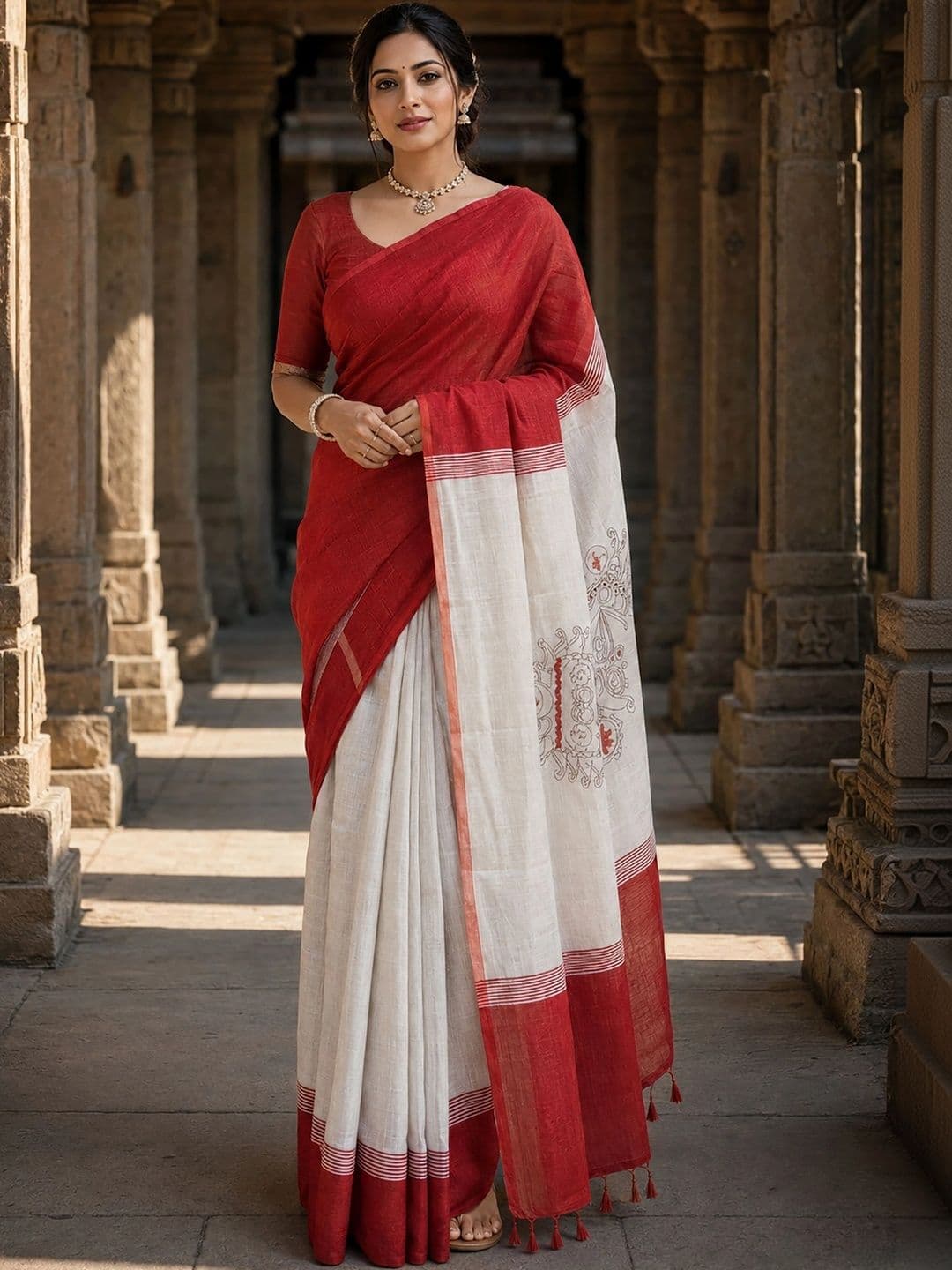 KALINI Linen Blend Designer Block Print Saree - view 1