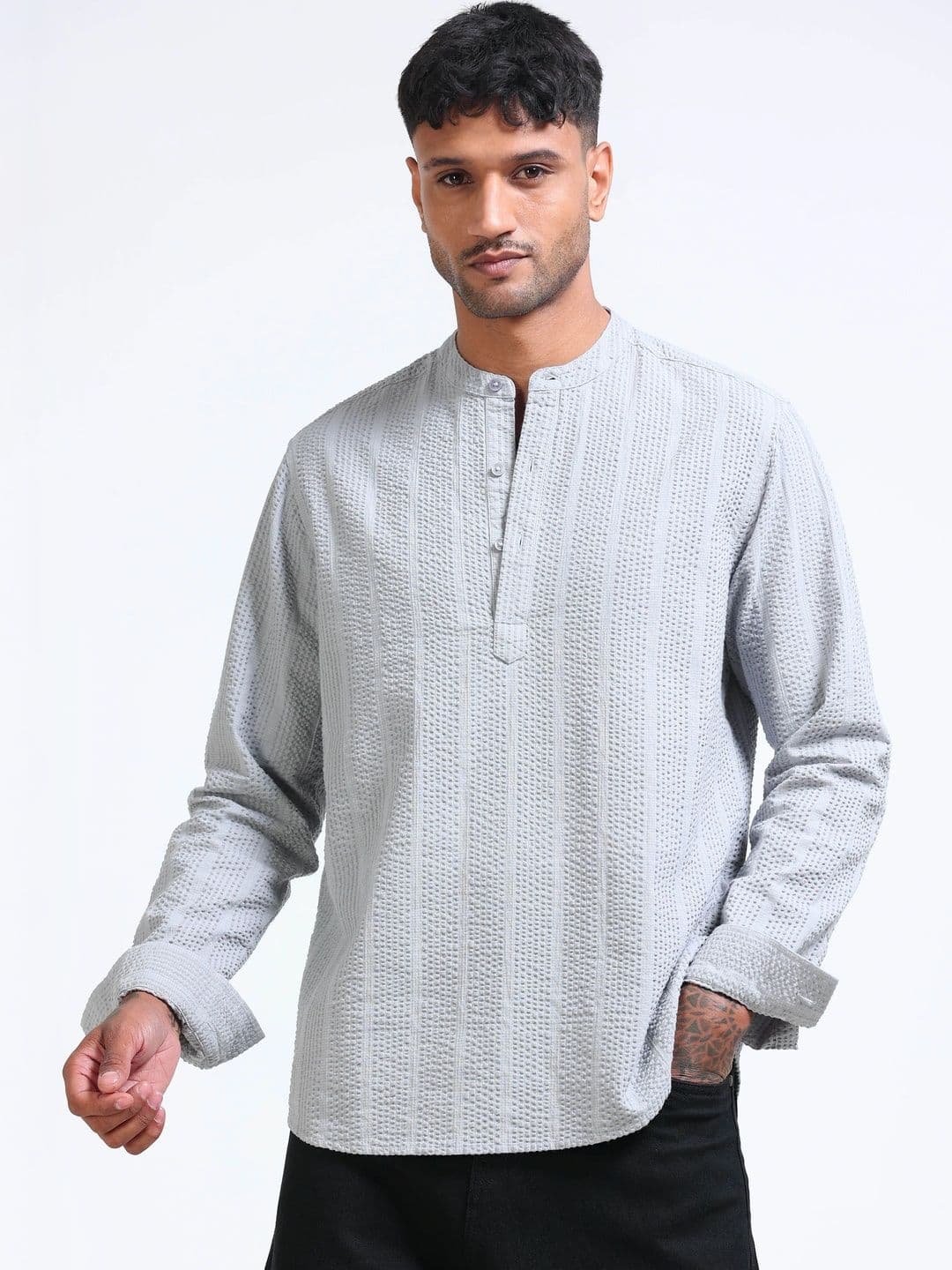 StitchX Men Seersucker Band Collar Pure Cotton Striped Kurta Shirt - view 1