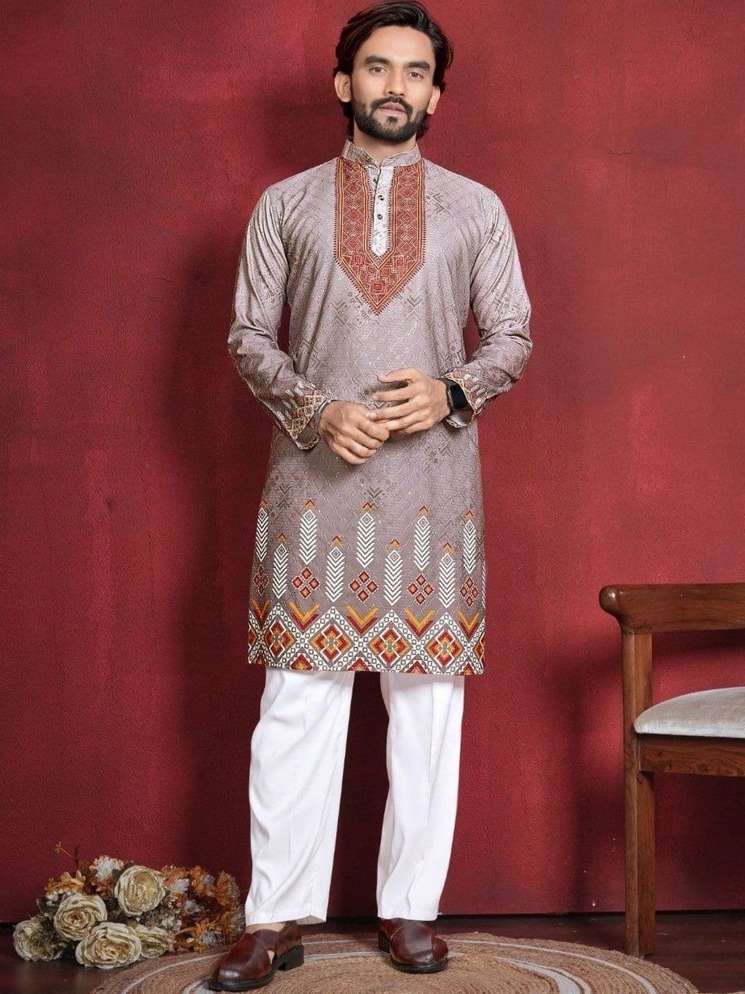 CHARLOTTE GRACIOUS Men Ethnic Motifs Printed Thread Work Kurta - view 1