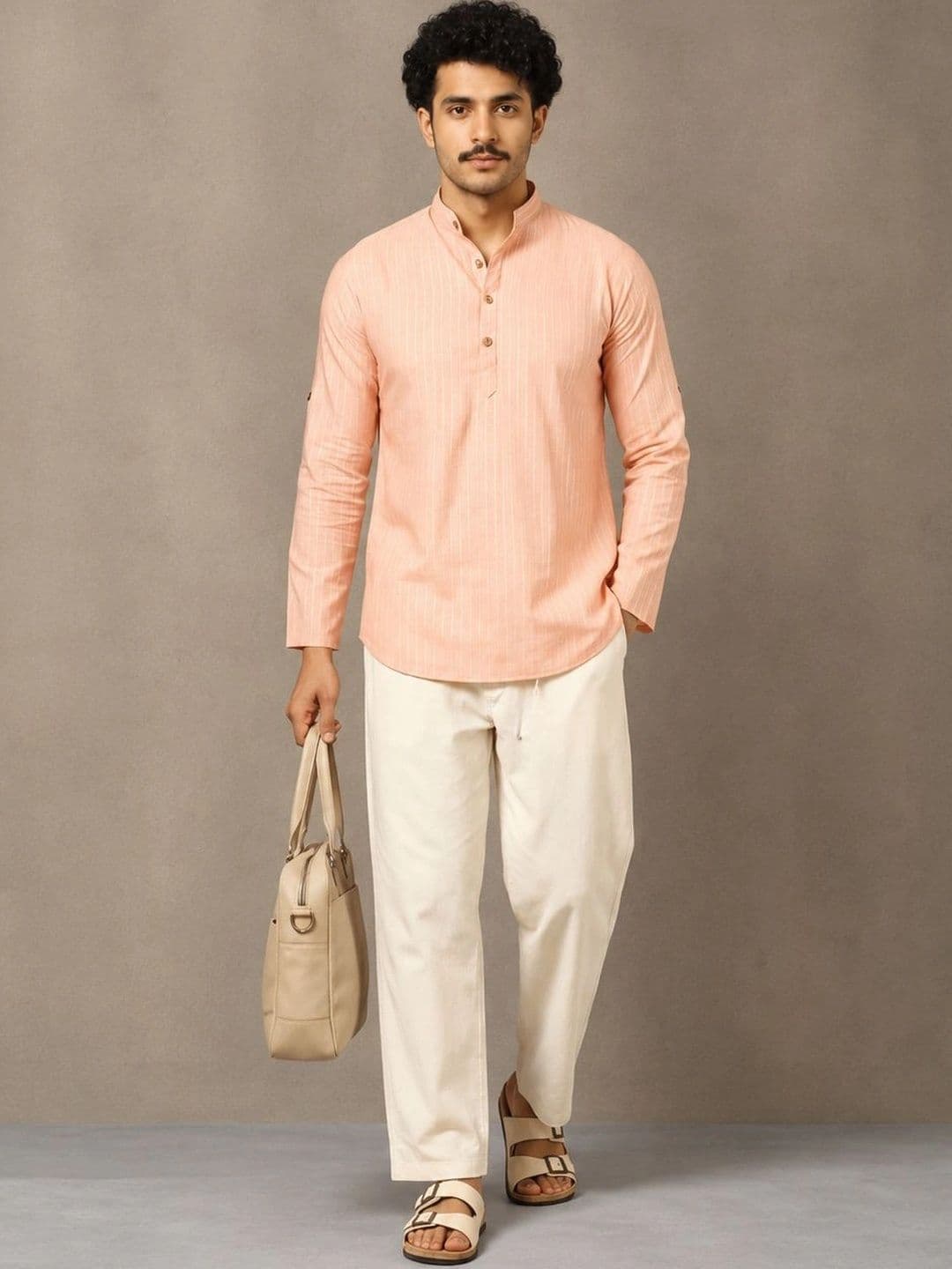 Navibhu Woven Design Solid Cotton Handloom Mandarin Collar Short Kurta - view 1